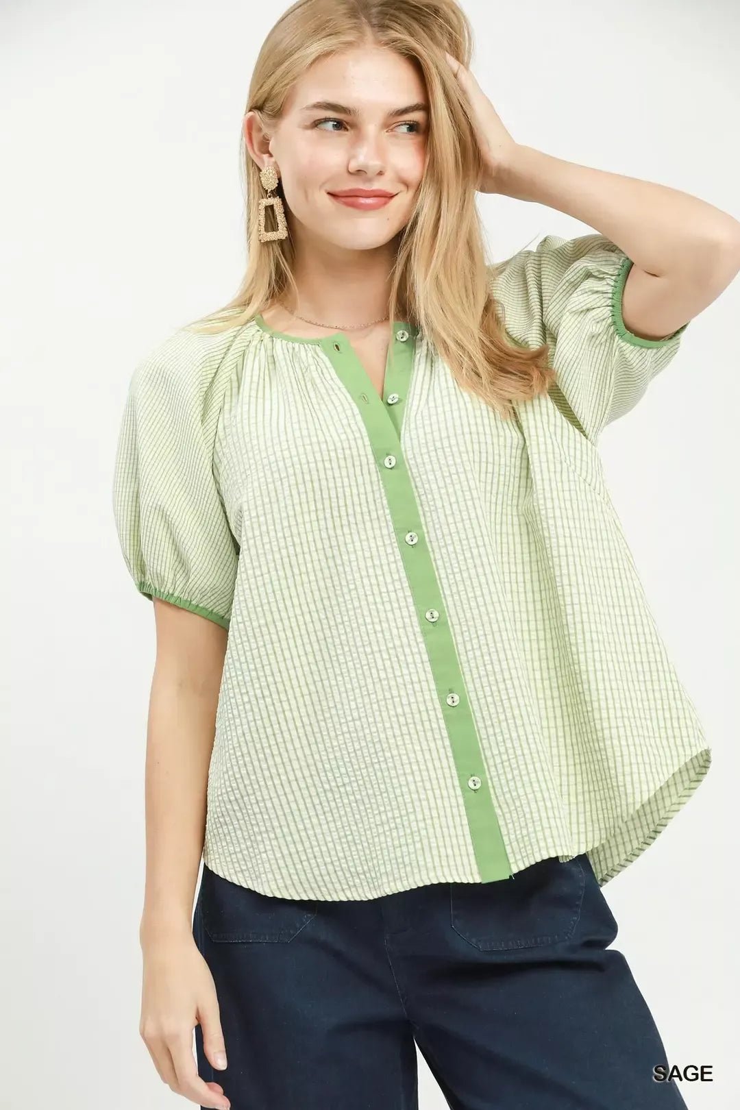 Umgee Checker Puff Sleeve Button Front Blouse - Bitsy Gypsy Boutique