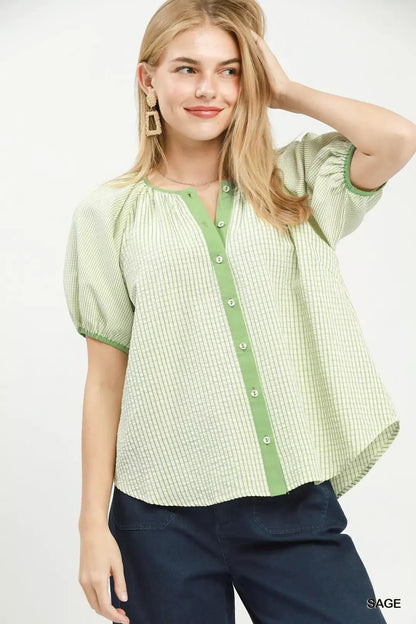 Umgee Checker Puff Sleeve Button Front Blouse - Bitsy Gypsy Boutique
