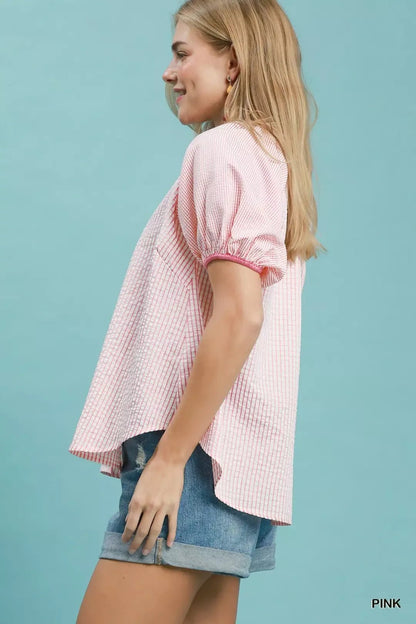 Umgee Checker Puff Sleeve Button Front Blouse - Bitsy Gypsy Boutique