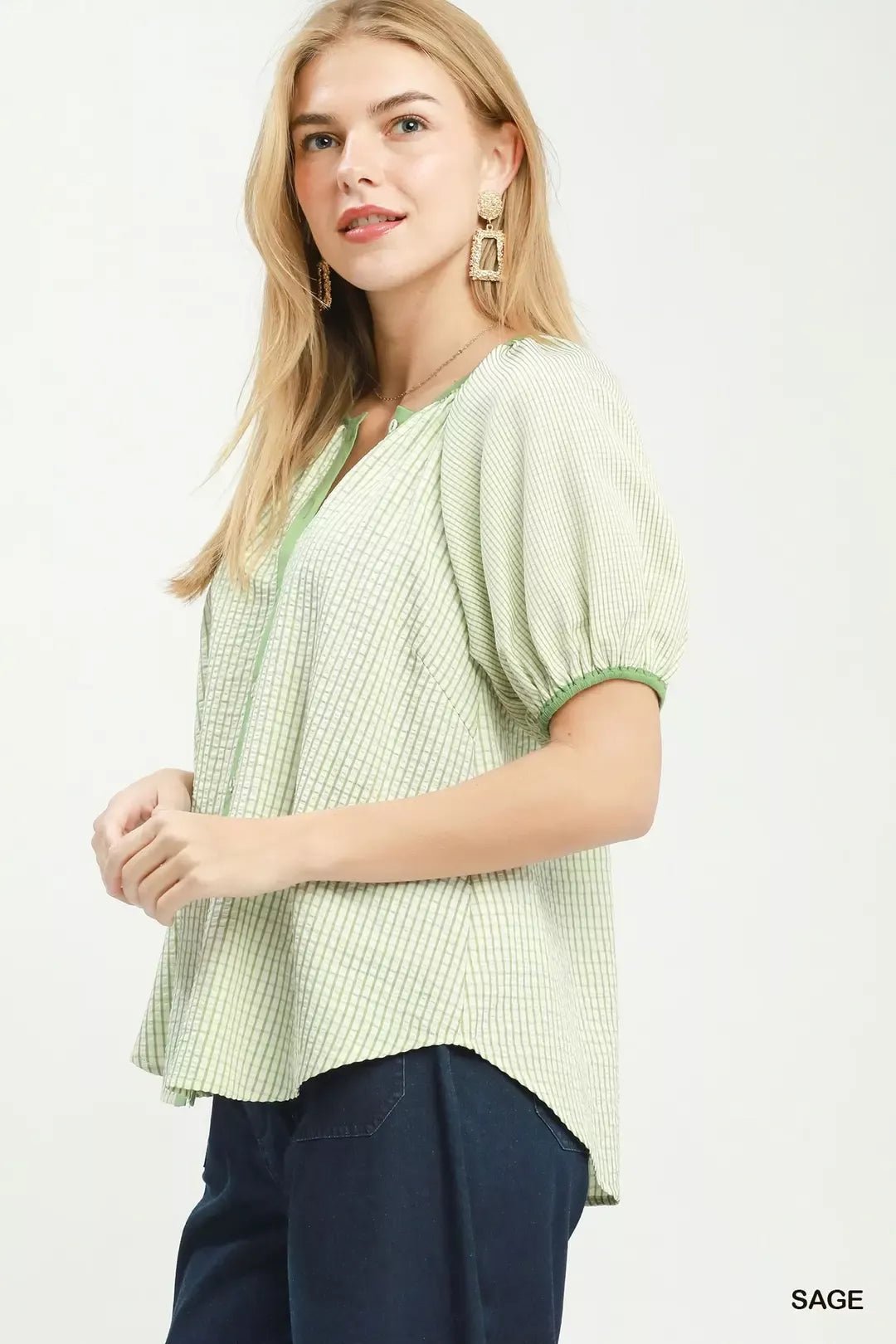 Umgee Checker Puff Sleeve Button Front Blouse - Bitsy Gypsy Boutique