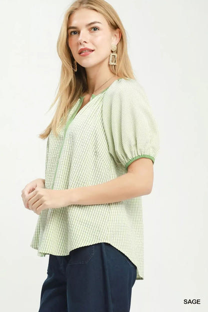 Umgee Checker Puff Sleeve Button Front Blouse - Bitsy Gypsy Boutique