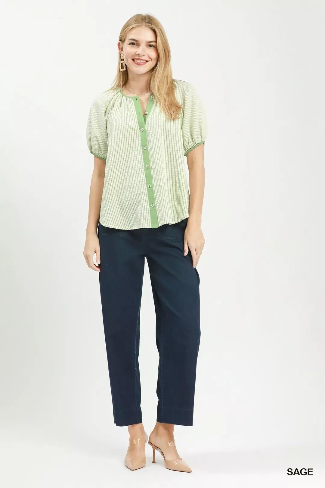 Umgee Checker Puff Sleeve Button Front Blouse - Bitsy Gypsy Boutique