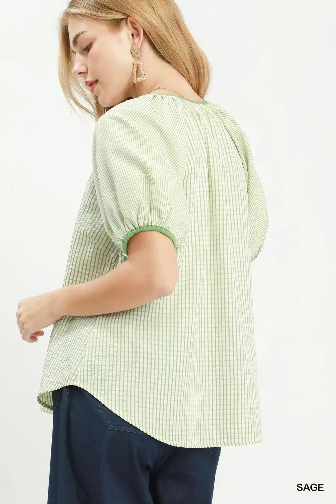 Umgee Checker Puff Sleeve Button Front Blouse - Bitsy Gypsy Boutique