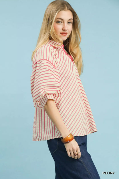Umgee Chevron Stripe Collared Relaxed Top - Bitsy Gypsy Boutique
