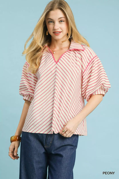 Umgee Chevron Stripe Collared Relaxed Top - Bitsy Gypsy Boutique