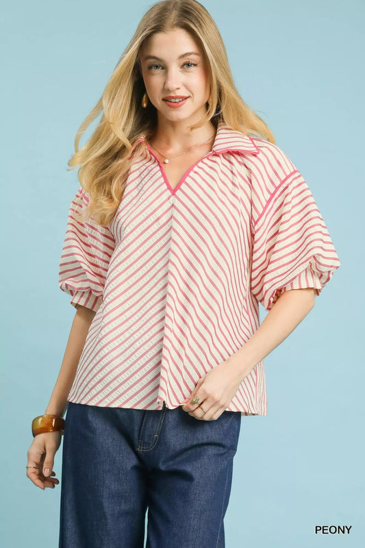 Umgee Chevron Stripe Collared Relaxed Top - Bitsy Gypsy Boutique