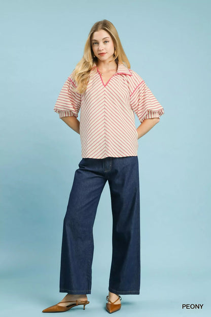 Umgee Chevron Stripe Collared Relaxed Top - Bitsy Gypsy Boutique