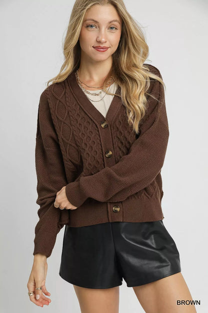 Umgee Chunky Cable Knit V - Neck Button - Up Cardigan - Bitsy Gypsy Boutique