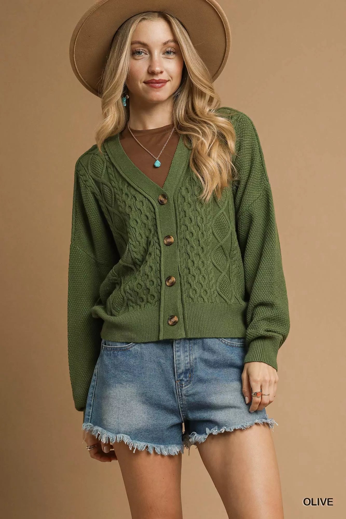 Umgee Chunky Cable Knit V - Neck Button - Up Cardigan - Bitsy Gypsy Boutique