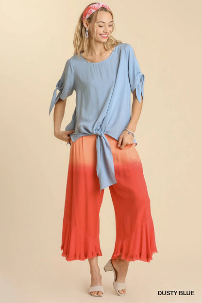 Umgee Cold Shoulder Short Sleeve Round Neck Top with Side Slits and Tie - able Knot Details - Bitsy Gypsy Boutique