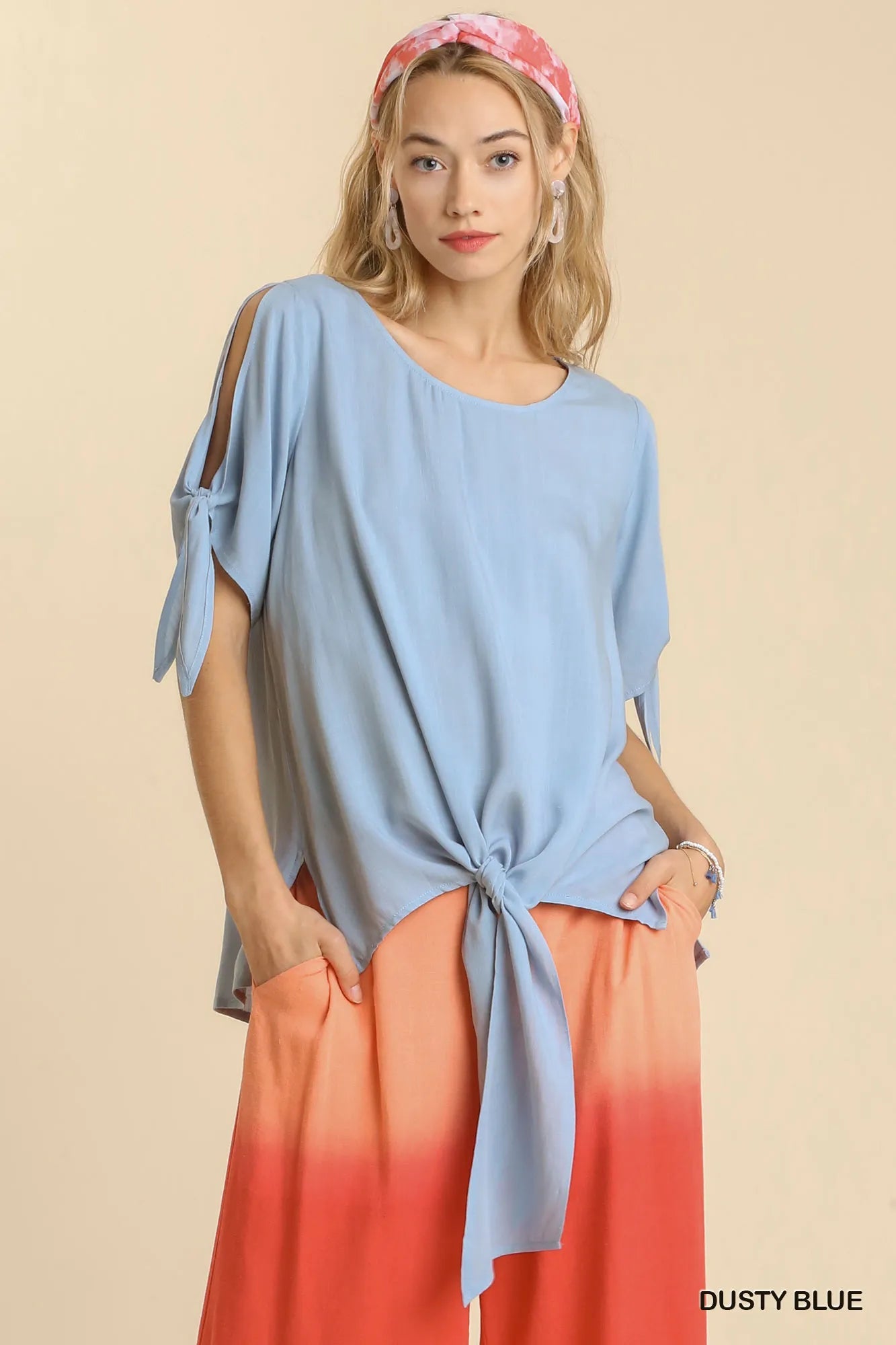 Umgee Cold Shoulder Short Sleeve Round Neck Top with Side Slits and Tie - able Knot Details - Bitsy Gypsy Boutique
