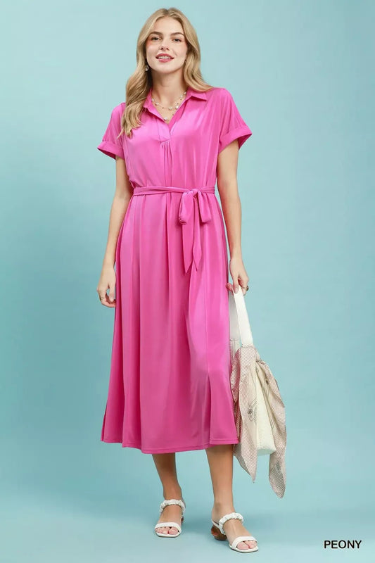 Umgee Collared Belted Midi Dress - Bitsy Gypsy Boutique