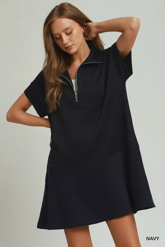 Umgee Collared Quarter Zip Dress with Size Pocket - Bitsy Gypsy Boutique