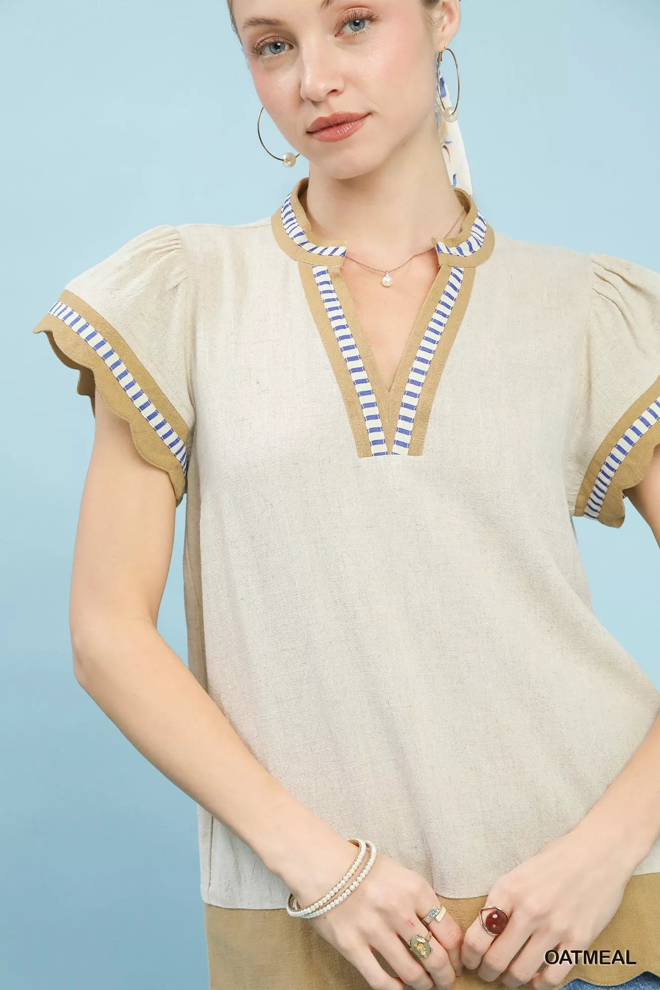 Umgee Contrast Scallop Trim Top - Bitsy Gypsy Boutique