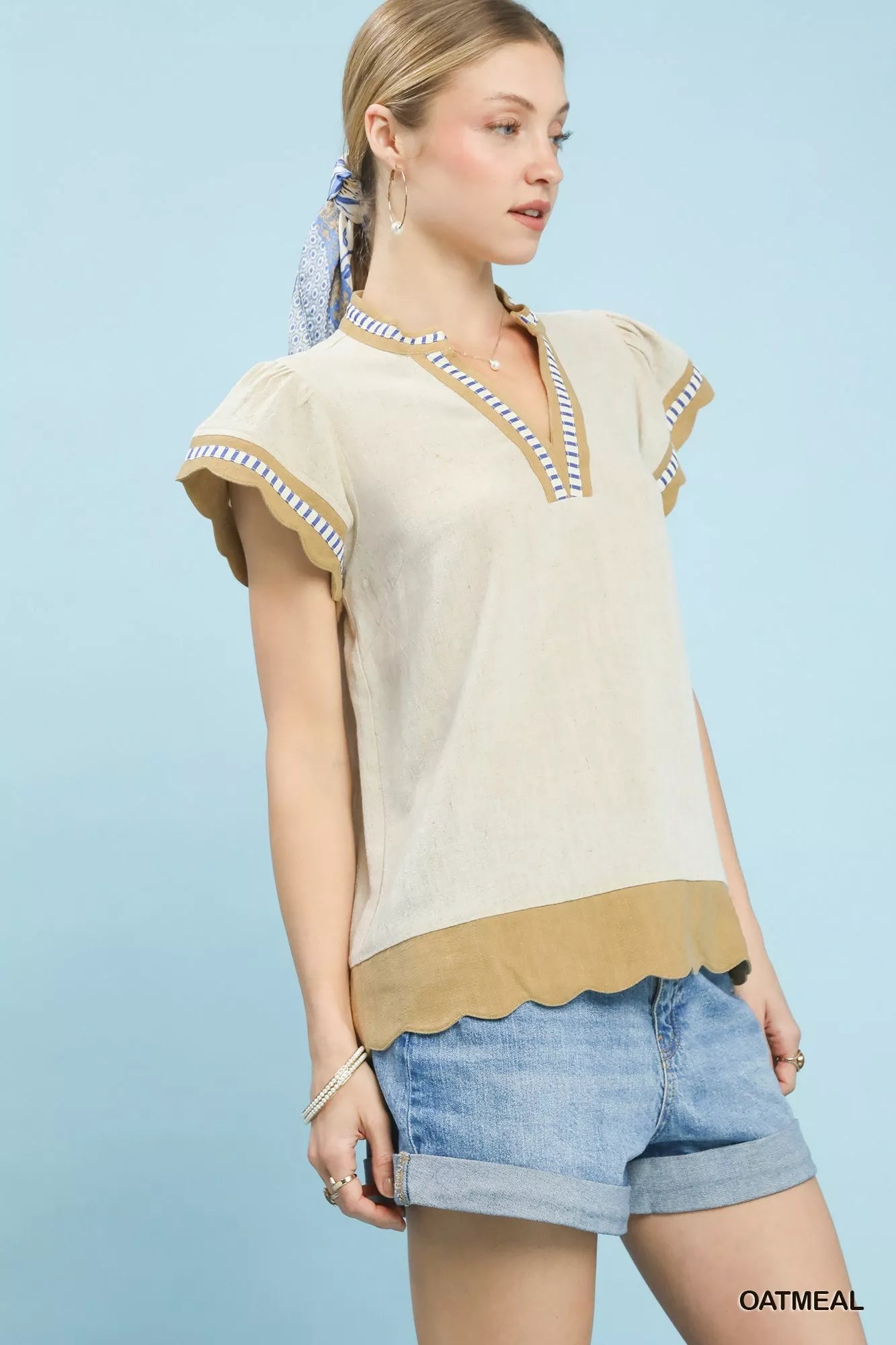 Umgee Contrast Scallop Trim Top - Bitsy Gypsy Boutique