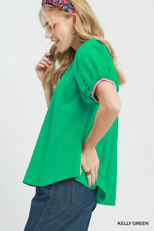 Umgee Contrast Trim Button Front Puff Sleeve Blouse - Bitsy Gypsy Boutique