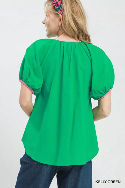 Umgee Contrast Trim Button Front Puff Sleeve Blouse - Bitsy Gypsy Boutique