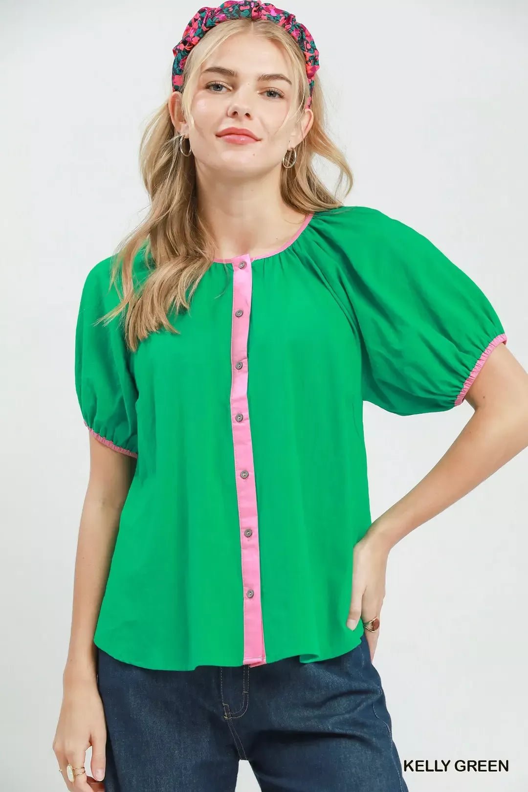 Umgee Contrast Trim Button Front Puff Sleeve Blouse - Bitsy Gypsy Boutique
