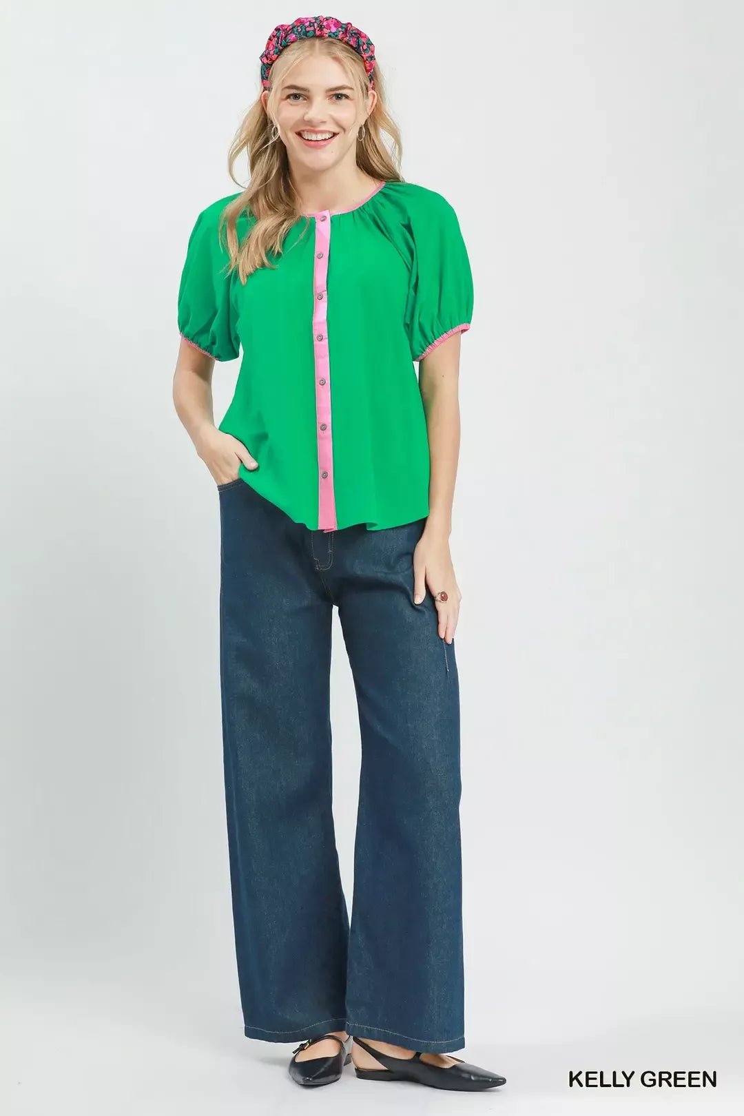 Umgee Contrast Trim Button Front Puff Sleeve Blouse - Bitsy Gypsy Boutique