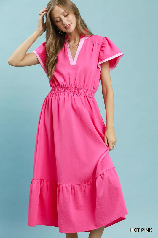 Umgee Contrast Trim Midi Dress with Tiered Ruffle Hem - Bitsy Gypsy Boutique
