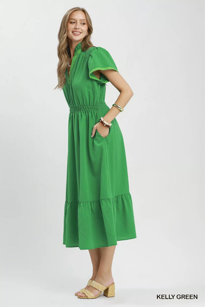 Umgee Contrast Trim Midi Dress with Tiered Ruffle Hem - Bitsy Gypsy Boutique