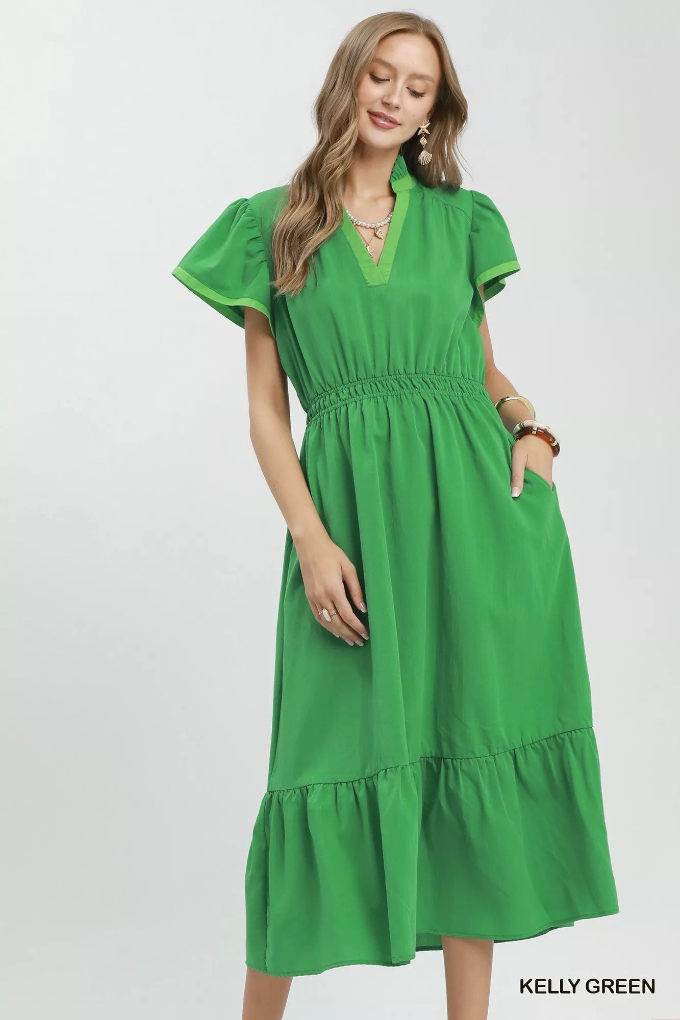 Umgee Contrast Trim Midi Dress with Tiered Ruffle Hem - Bitsy Gypsy Boutique