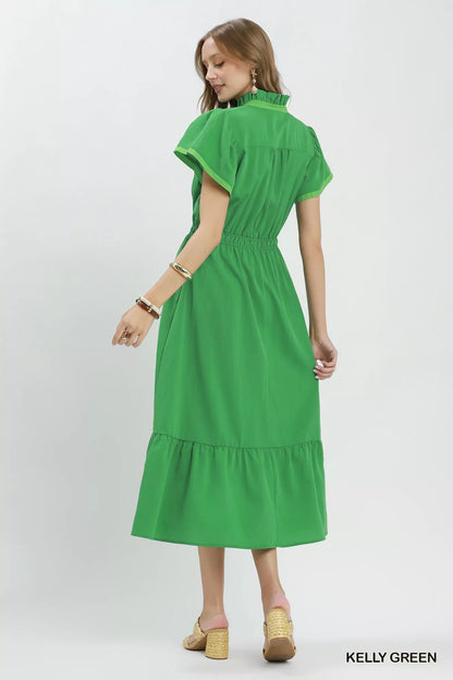 Umgee Contrast Trim Midi Dress with Tiered Ruffle Hem - Bitsy Gypsy Boutique