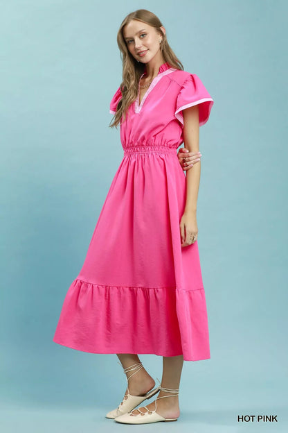 Umgee Contrast Trim Midi Dress with Tiered Ruffle Hem - Bitsy Gypsy Boutique