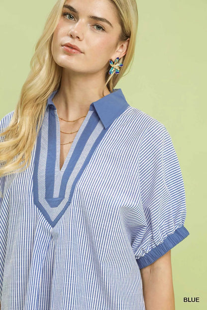 Umgee Contrast Trim Popover Stripe Top - Bitsy Gypsy Boutique