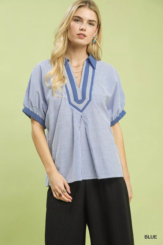 Umgee Contrast Trim Popover Stripe Top - Bitsy Gypsy Boutique