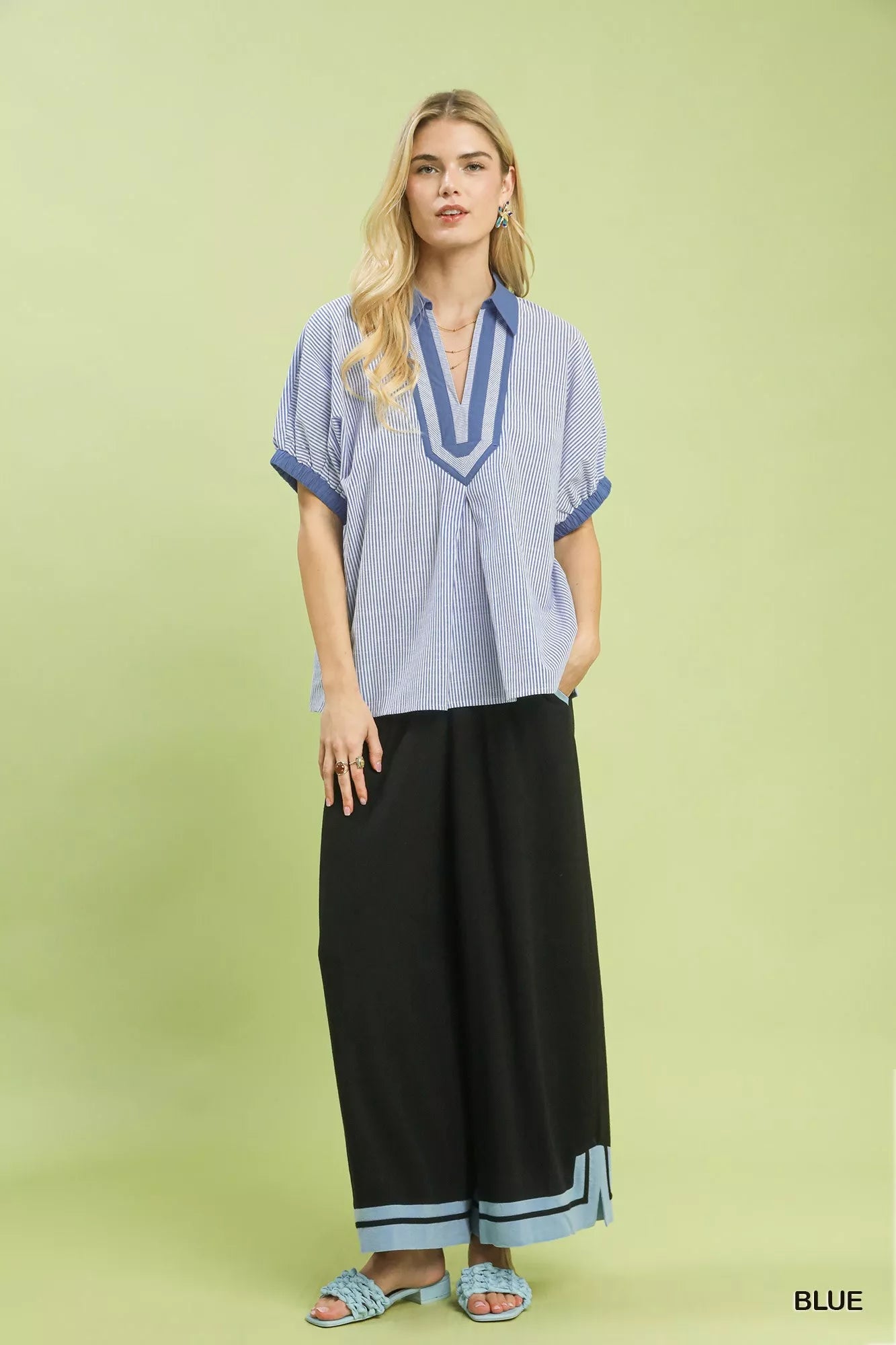 Umgee Contrast Trim Popover Stripe Top - Bitsy Gypsy Boutique