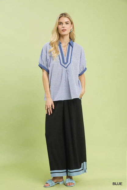 Umgee Contrast Trim Popover Stripe Top - Bitsy Gypsy Boutique