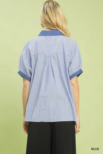 Umgee Contrast Trim Popover Stripe Top - Bitsy Gypsy Boutique
