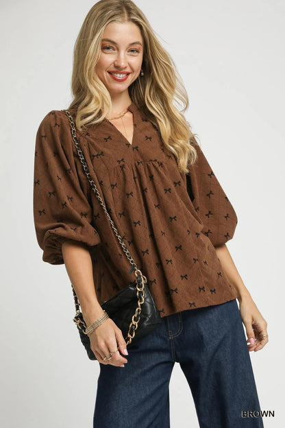 Umgee Corduroy Bow Print Balloon Sleeve Blouse - Bitsy Gypsy Boutique