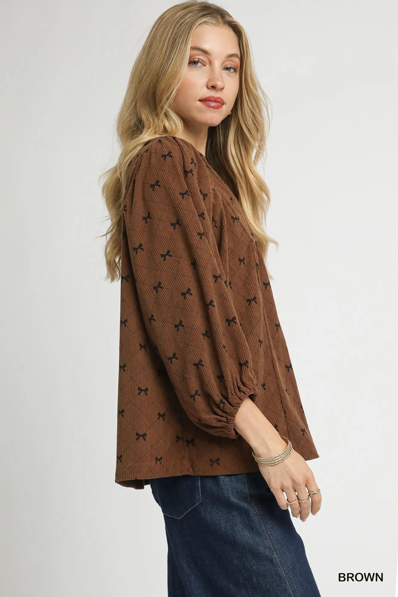 Umgee Corduroy Bow Print Balloon Sleeve Blouse - Bitsy Gypsy Boutique