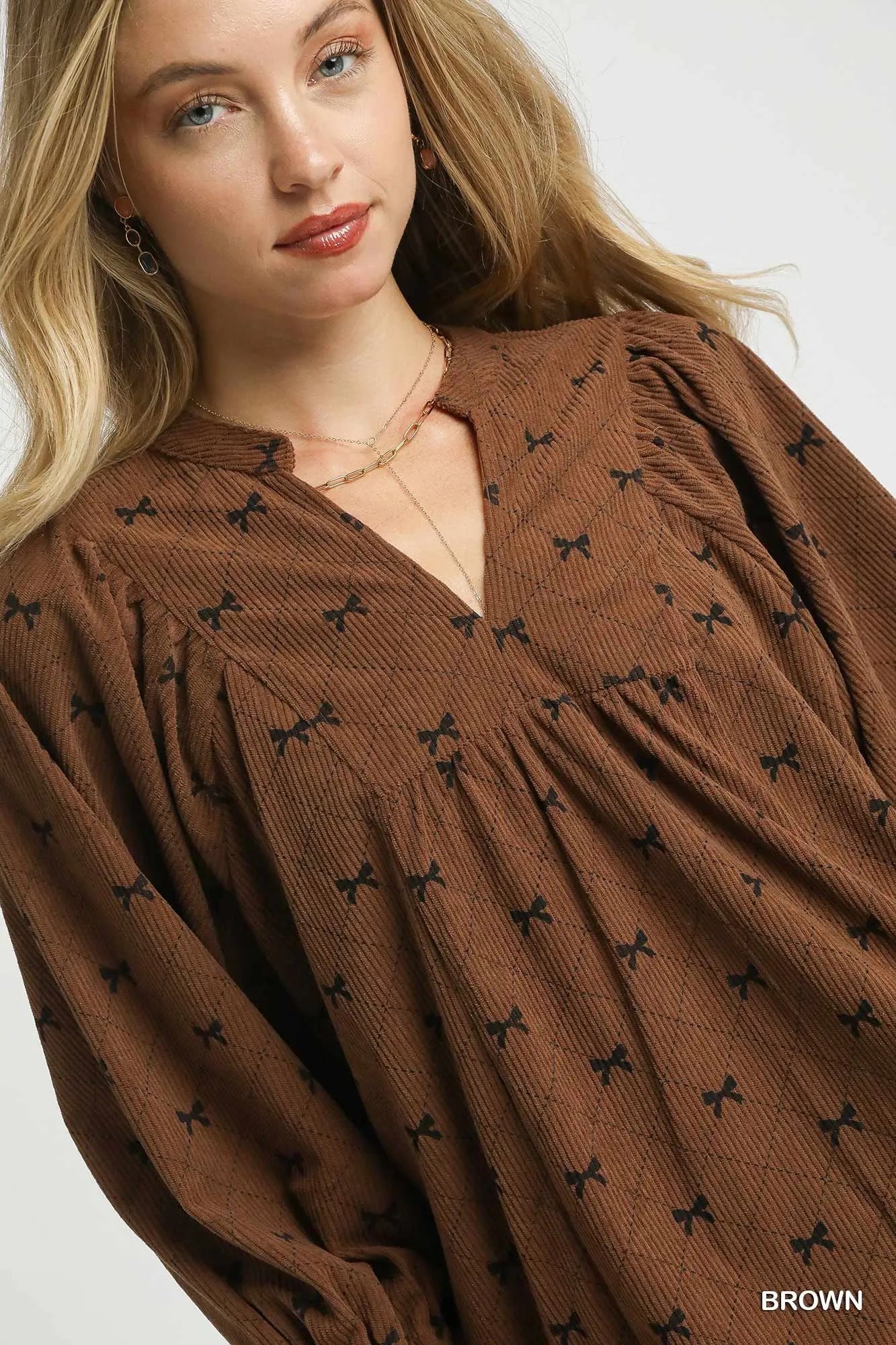 Umgee Corduroy Bow Print Balloon Sleeve Blouse - Bitsy Gypsy Boutique
