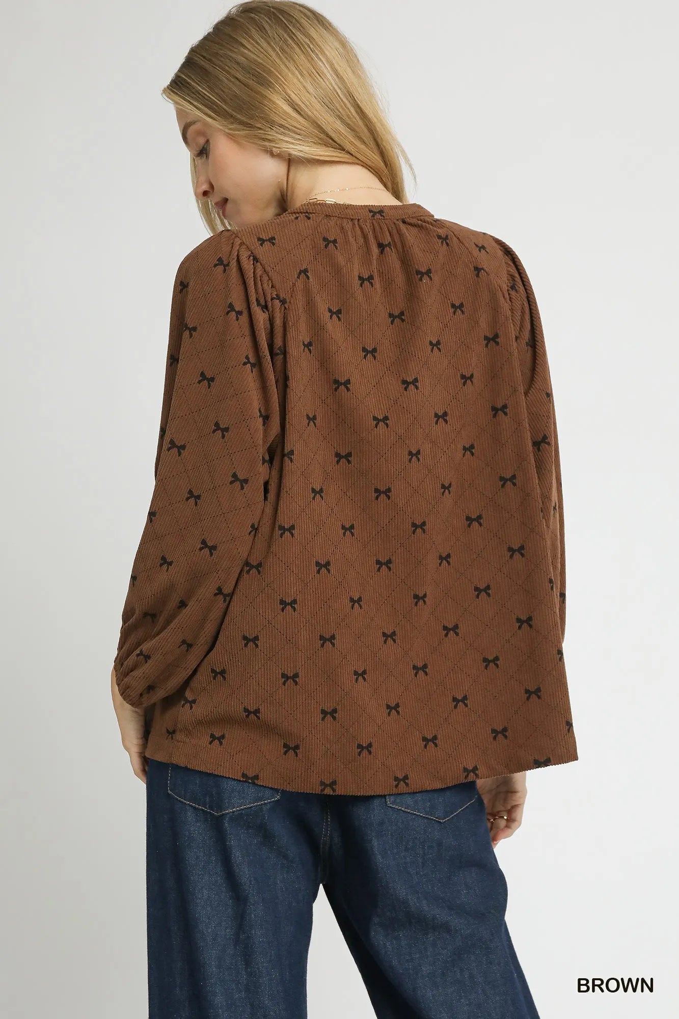 Umgee Corduroy Bow Print Balloon Sleeve Blouse - Bitsy Gypsy Boutique