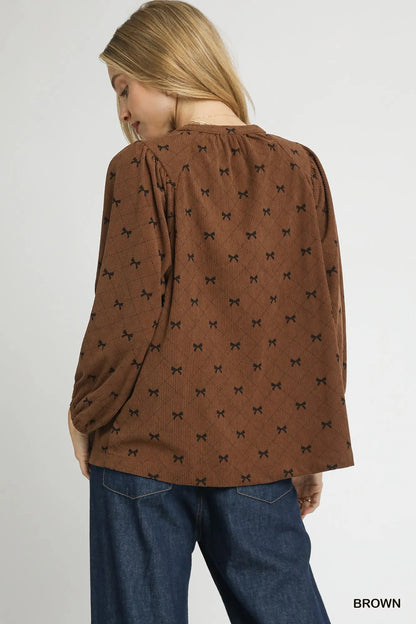 Umgee Corduroy Bow Print Balloon Sleeve Blouse - Bitsy Gypsy Boutique