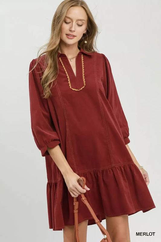 Umgee Corduroy Contrast Trim Tiered Babydoll Dress - Bitsy Gypsy Boutique