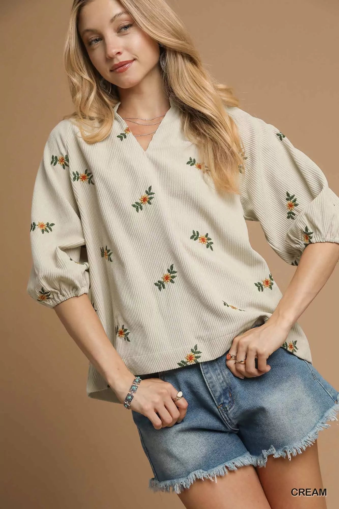 Umgee Corduroy Floral Embroidered Puff Sleeve Blouse - Bitsy Gypsy Boutique