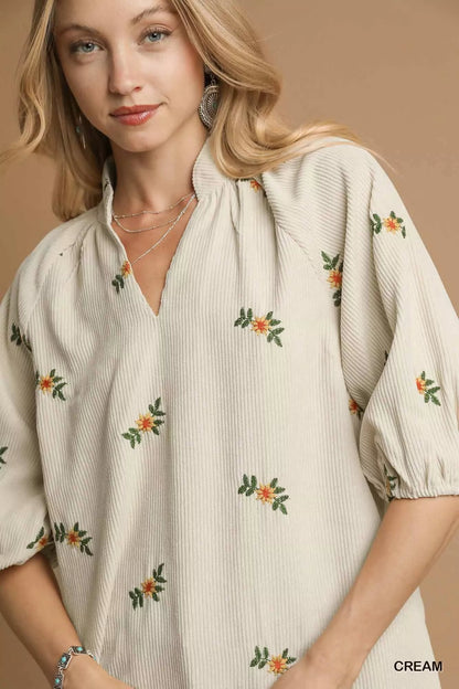 Umgee Corduroy Floral Embroidered Puff Sleeve Blouse - Bitsy Gypsy Boutique