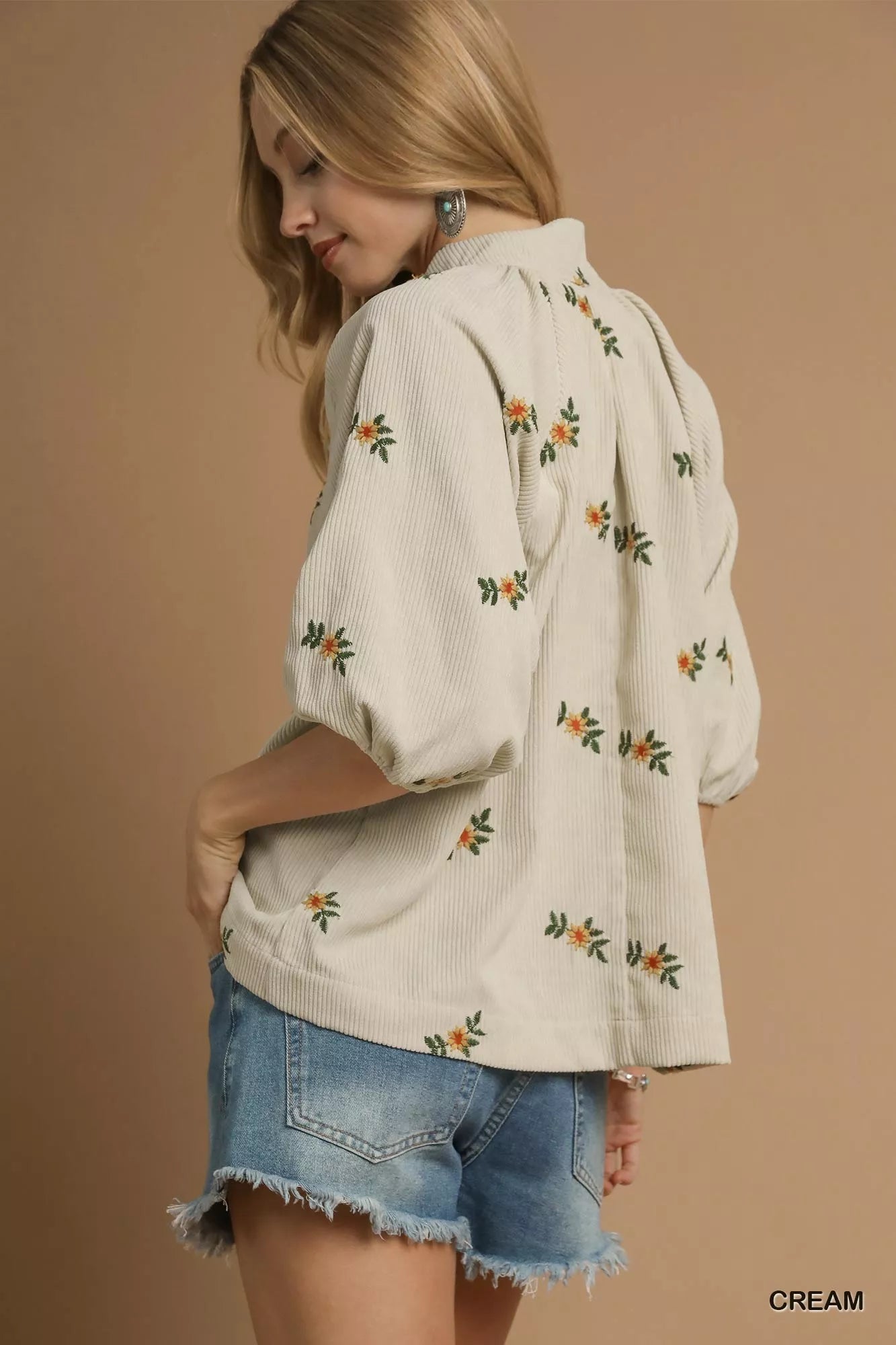 Umgee Corduroy Floral Embroidered Puff Sleeve Blouse - Bitsy Gypsy Boutique