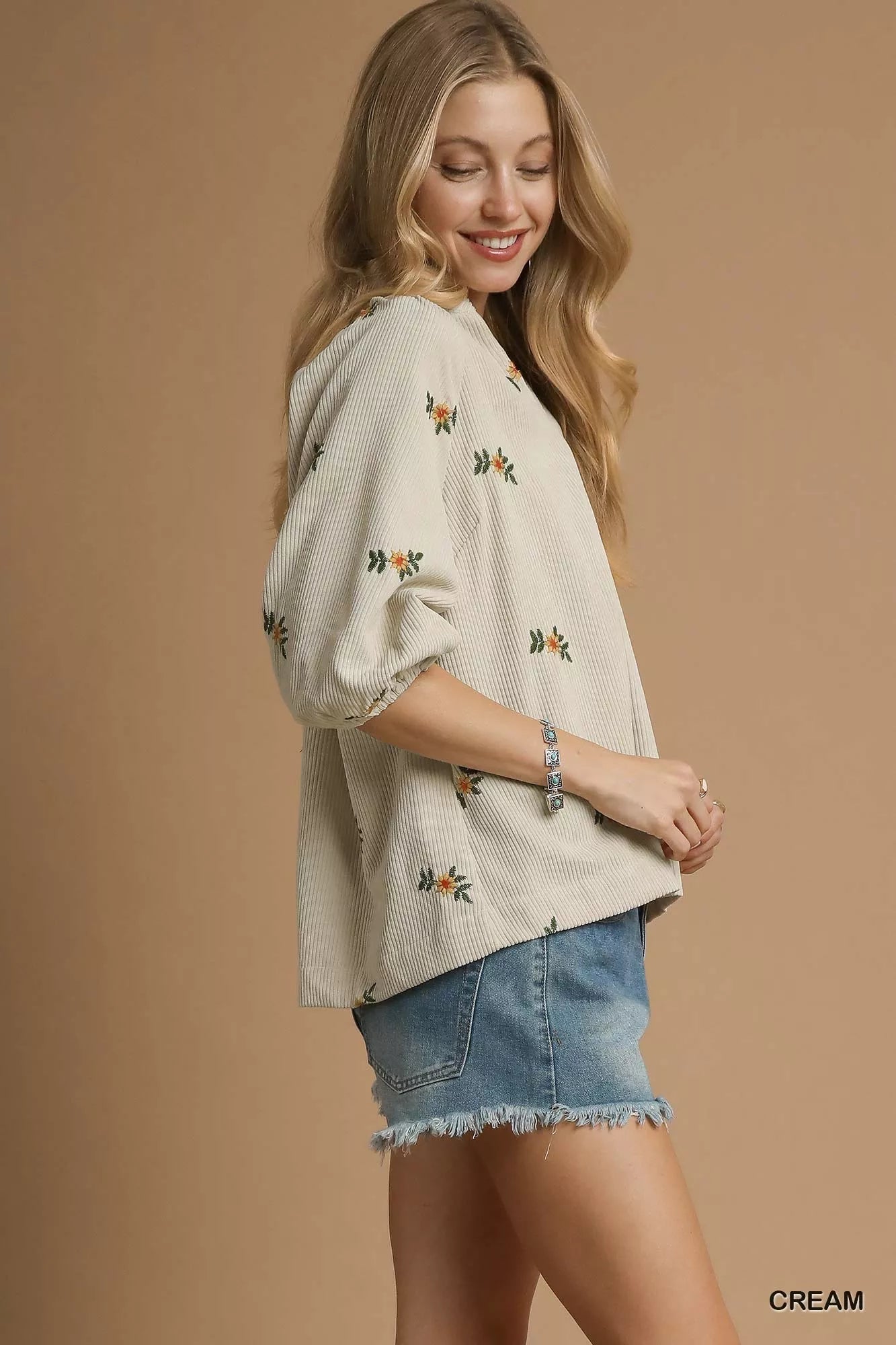 Umgee Corduroy Floral Embroidered Puff Sleeve Blouse - Bitsy Gypsy Boutique