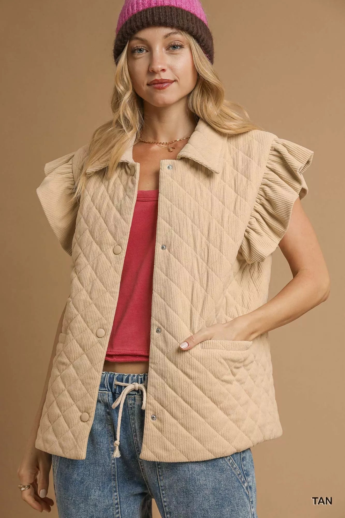 Umgee Corduroy Quilted Ruffle Sleeve Vest - Bitsy Gypsy Boutique