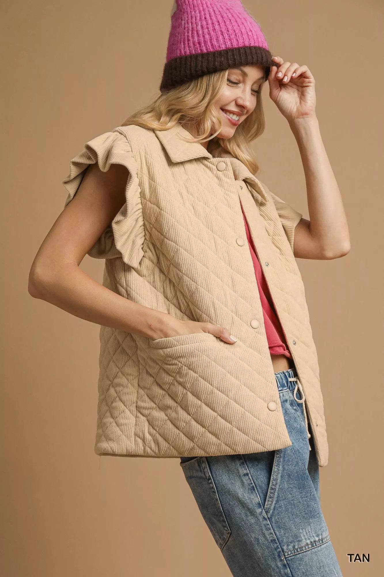 Umgee Corduroy Quilted Ruffle Sleeve Vest - Bitsy Gypsy Boutique