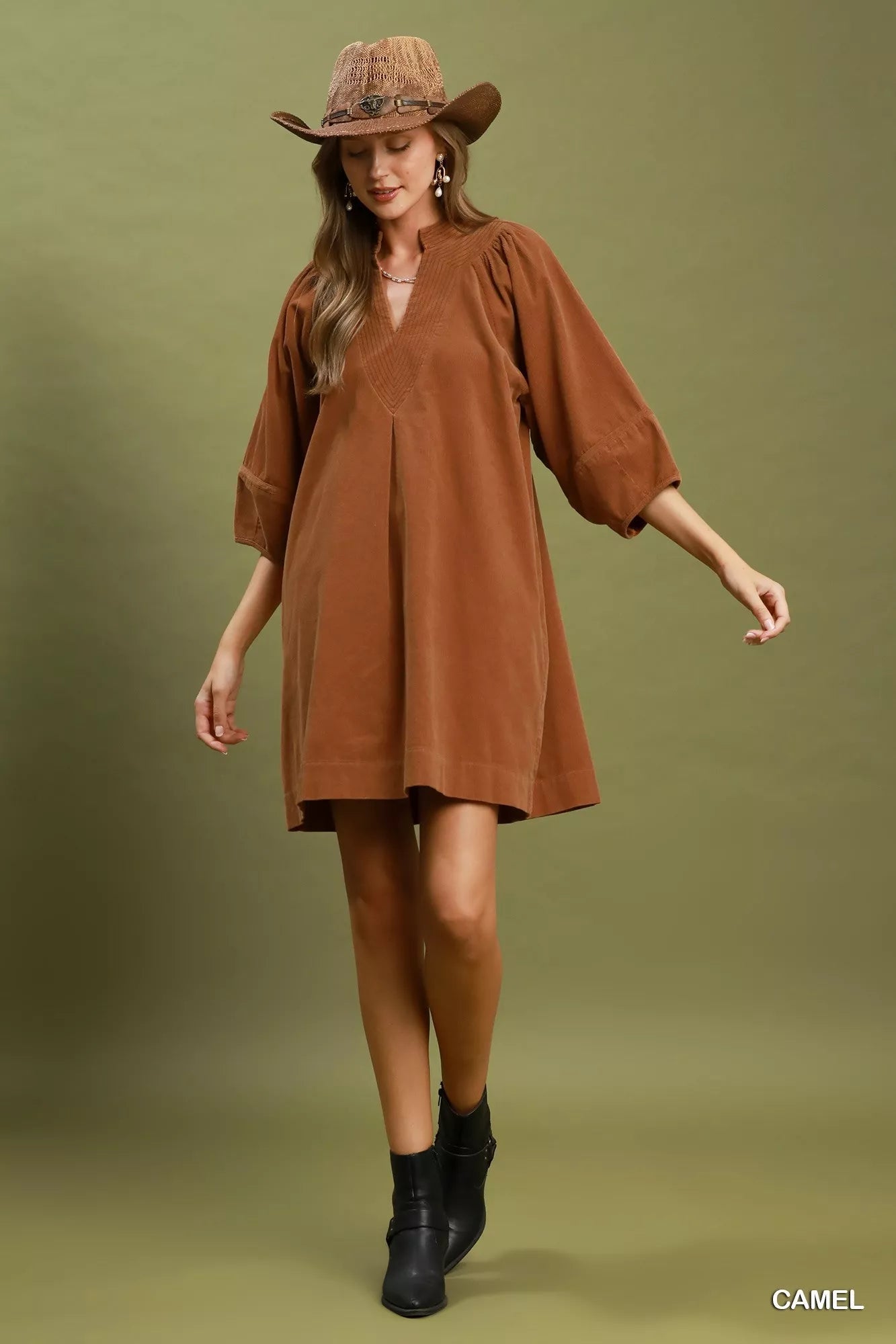 Umgee Corduroy V-Neck Puff Sleeve Shift Dress with Pockets - Bitsy Gypsy Boutique