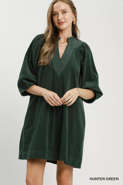Umgee Corduroy V-Neck Puff Sleeve Shift Dress with Pockets - Bitsy Gypsy Boutique