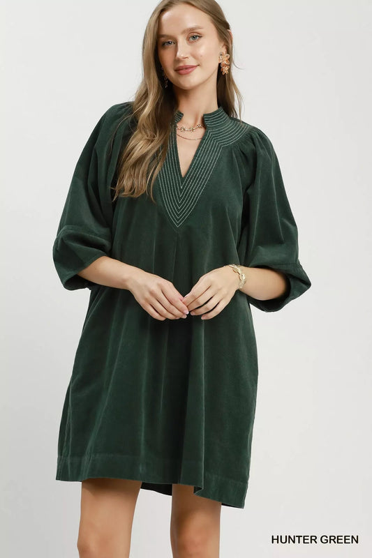 Umgee Corduroy V-Neck Puff Sleeve Shift Dress with Pockets - Bitsy Gypsy Boutique