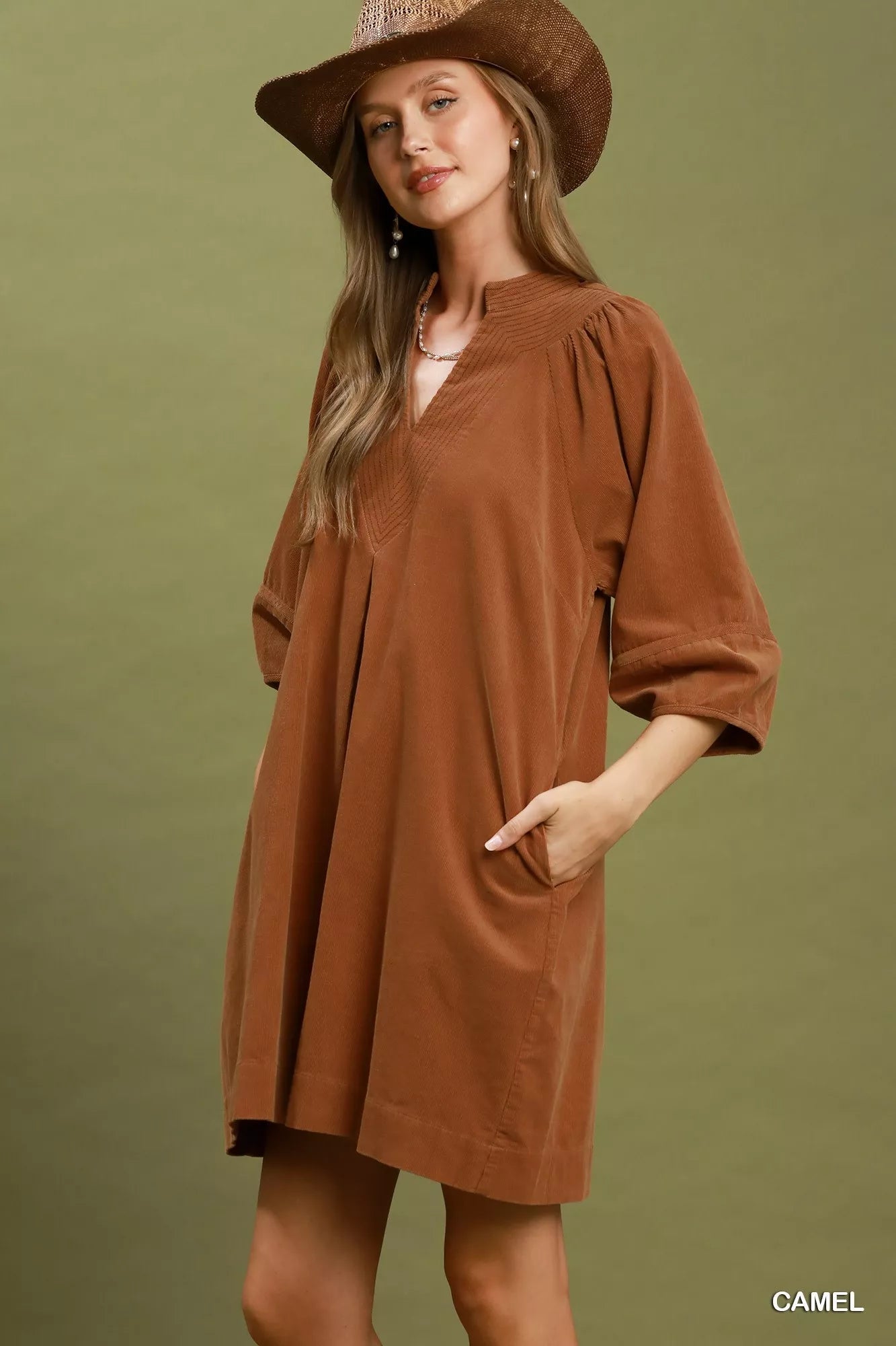 Umgee Corduroy V-Neck Puff Sleeve Shift Dress with Pockets - Bitsy Gypsy Boutique