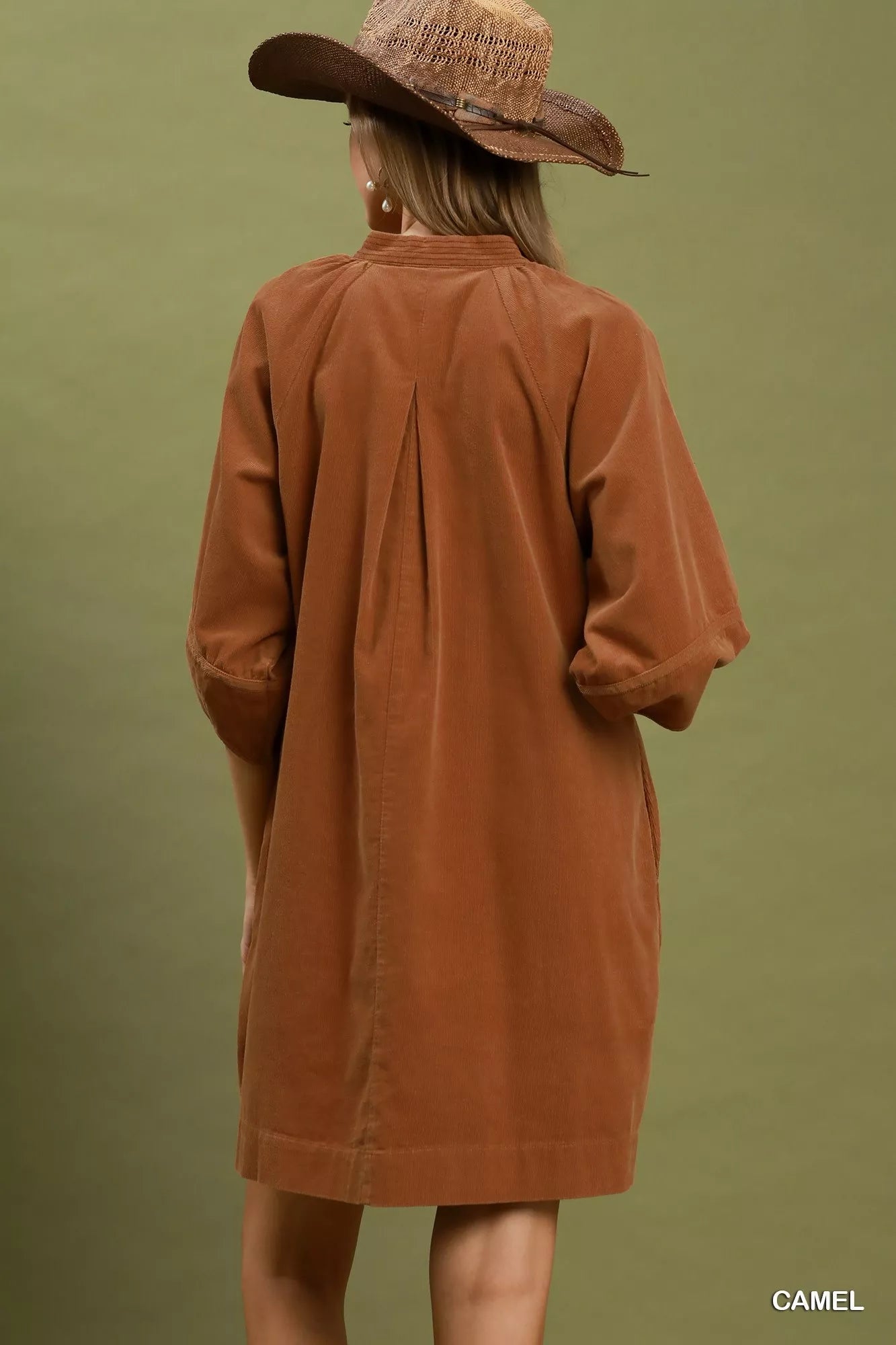 Umgee Corduroy V-Neck Puff Sleeve Shift Dress with Pockets - Bitsy Gypsy Boutique